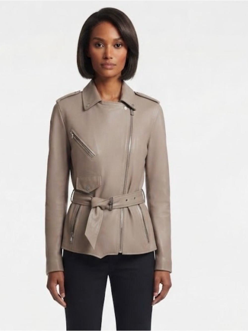 DKNY Taupe-Brown Belted Leather Moto Jacket - Women